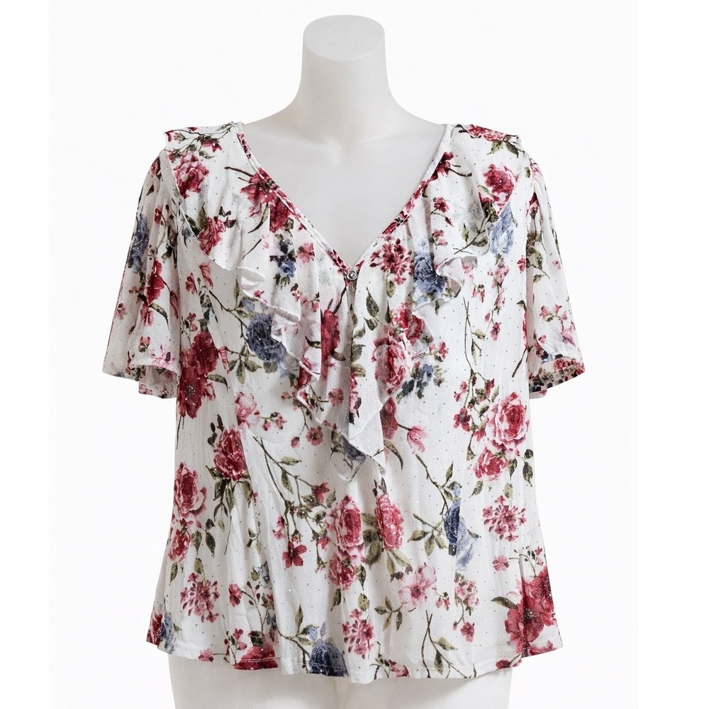 Ember Women Plus Size 2X Floral Ruffle V-Neck Short Sleeve Blouse White Red Blue